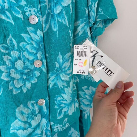 NWT K Petite Women's Vintage 2 Piece Set Dress and Short Sleeve Top Blue Floral - Picture 5 of 7